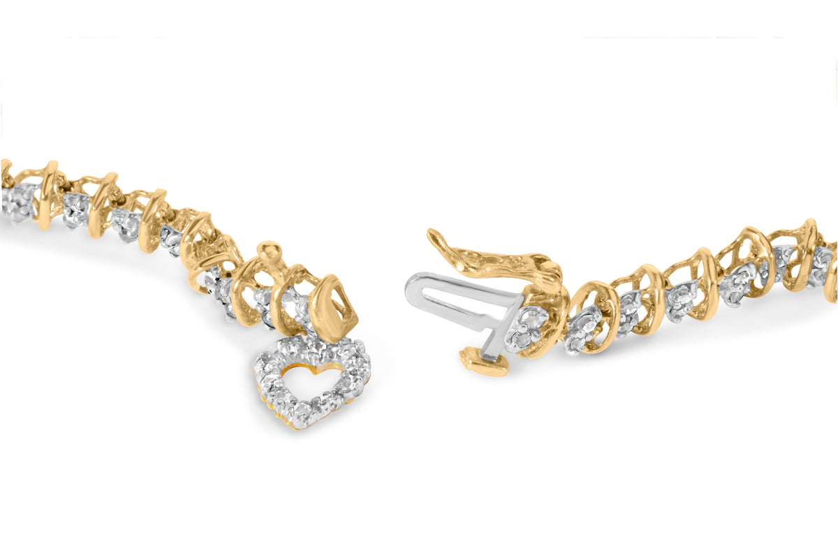 10K Yellow Gold 1.00 Cttw Diamond Spiral Link 7&quot; Bracelet with Heart Charm (H-I Color, I3 Clarity)