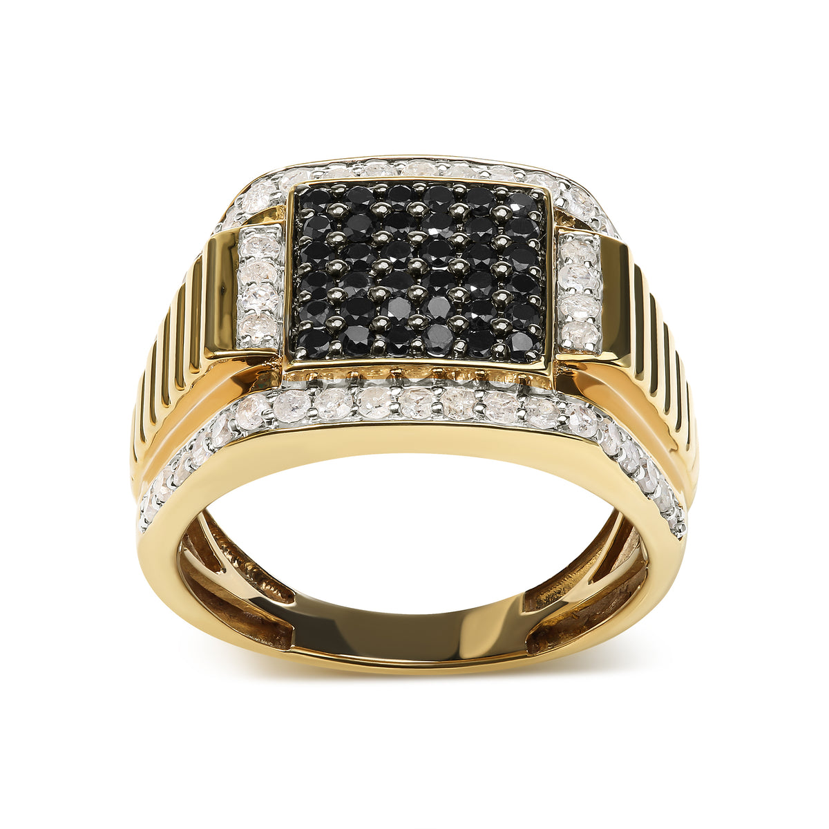 Men&#39;s 10K Yellow Gold 1 1/2 Cttw White and Black Treated Diamond Cluster Ring (Black / I-J Color, I2-I3 Clarity) - Size 10