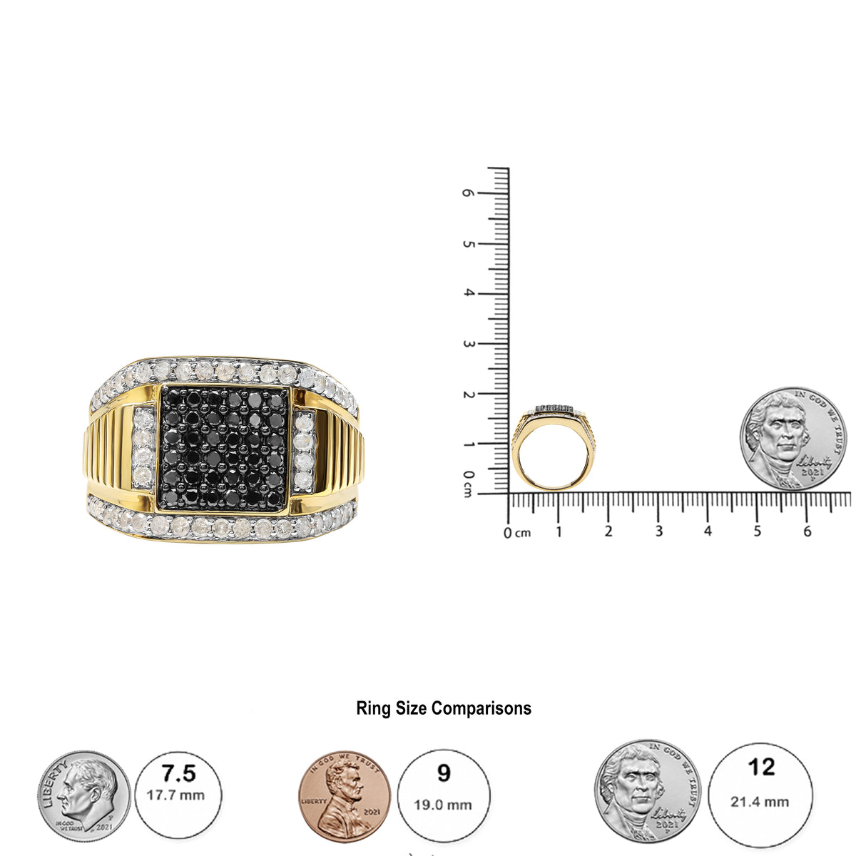 Men&#39;s 10K Yellow Gold 1 1/2 Cttw White and Black Treated Diamond Cluster Ring (Black / I-J Color, I2-I3 Clarity) - Size 10