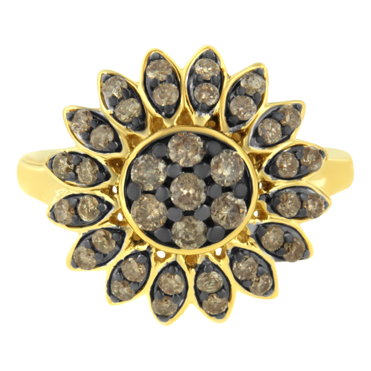 10K Yellow Gold Plated .925 Sterling Silver 1 cttw Prong Set Round-Cut Diamond Floral Cocktail Ring (I1-I2 Clarity, J-K Color) - Size 7