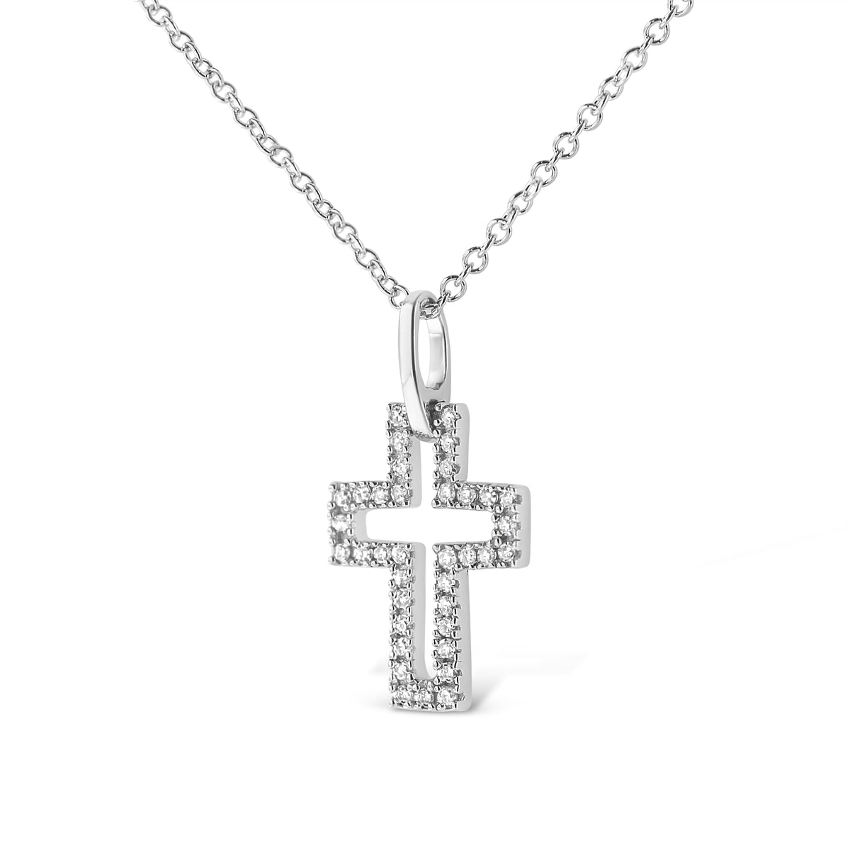 .925 Sterling Silver 1/10 cttw Pave-Set Round-Cut Diamond Open Cross 18&quot; Pendant Necklace (I-J Color, I1-2 Clarity)