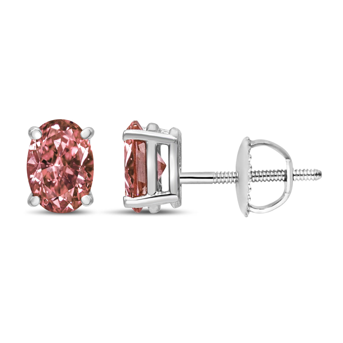 14K White Gold 1/2 Cttw Lab Grown Pink Oval 4 Prong Set Classic Diamond Solitaire Stud Earrings (Pink Color, VS2-SI1 Clarity)