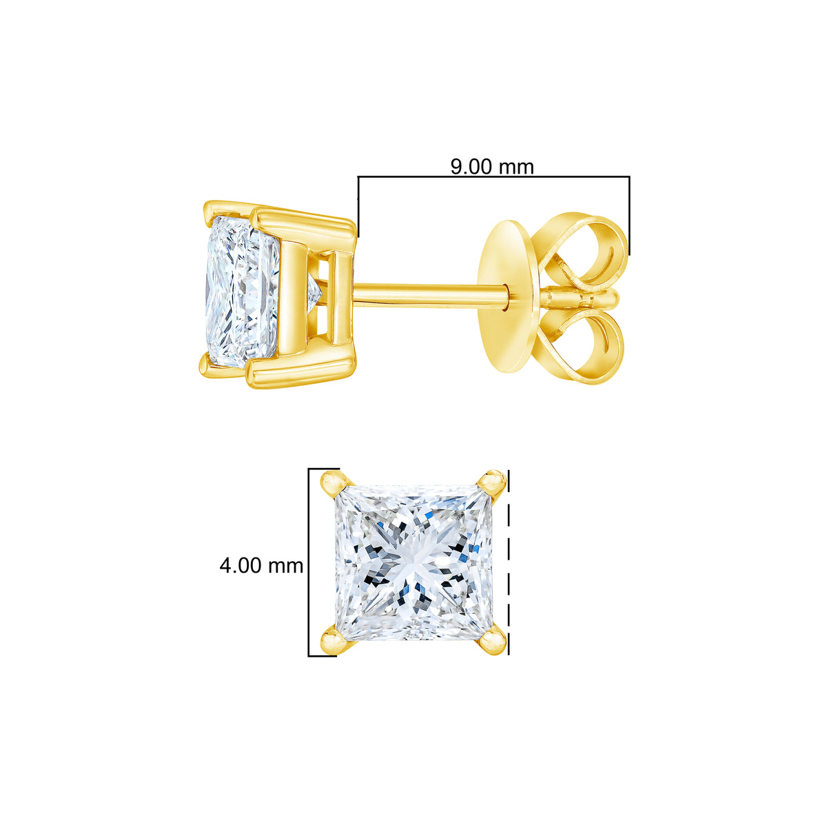 IGI Certified 1/2 Cttw Princess-Cut Square Diamond 4-Prong Solitaire Stud Earrings in 14K Yellow Gold (I-J Color, SI1-SI2 Clarity)