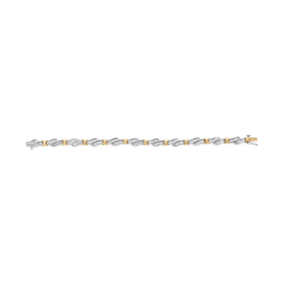 10k Two-Toned Gold 2.00 Cttw Channel Set Baguette-Diamond Weave and  &quot;X&quot; Spiral Link Bracelet (H-I Color, I1-I2 Clarity) - 7&quot;