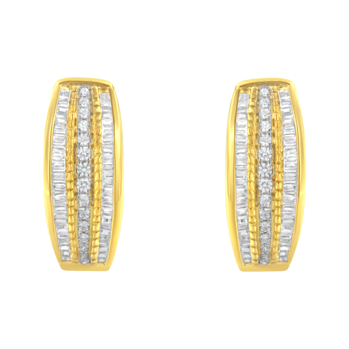 10K Yellow Gold 3/4 Cttw Pave and Channel Set Diamond Triple Row Modern Hoop Earrings (I-J Color, I2-I3 Clarity)