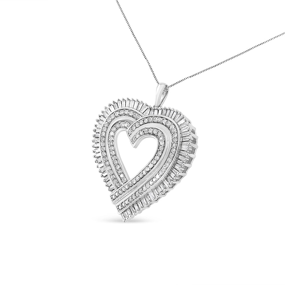 .925 Sterling Silver 1 1/4 Cttw Round and Baguette-Cut Diamond Composite Heart 18&quot; Pendant Necklace (I-J Color, I1-I2 Clarity)