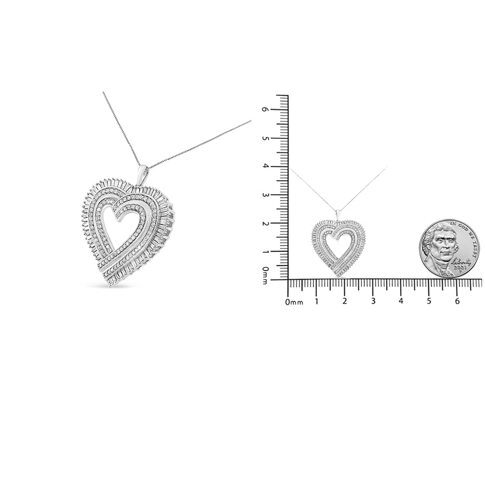 .925 Sterling Silver 1 1/4 Cttw Round and Baguette-Cut Diamond Composite Heart 18&quot; Pendant Necklace (I-J Color, I1-I2 Clarity)