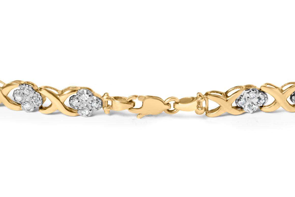 10K Yellow Gold 1.00 Cttw Diamond Cluster X Link Tennis Link 7.50&quot; Bracelet  (I-J Color, I2-I3 Clarity)