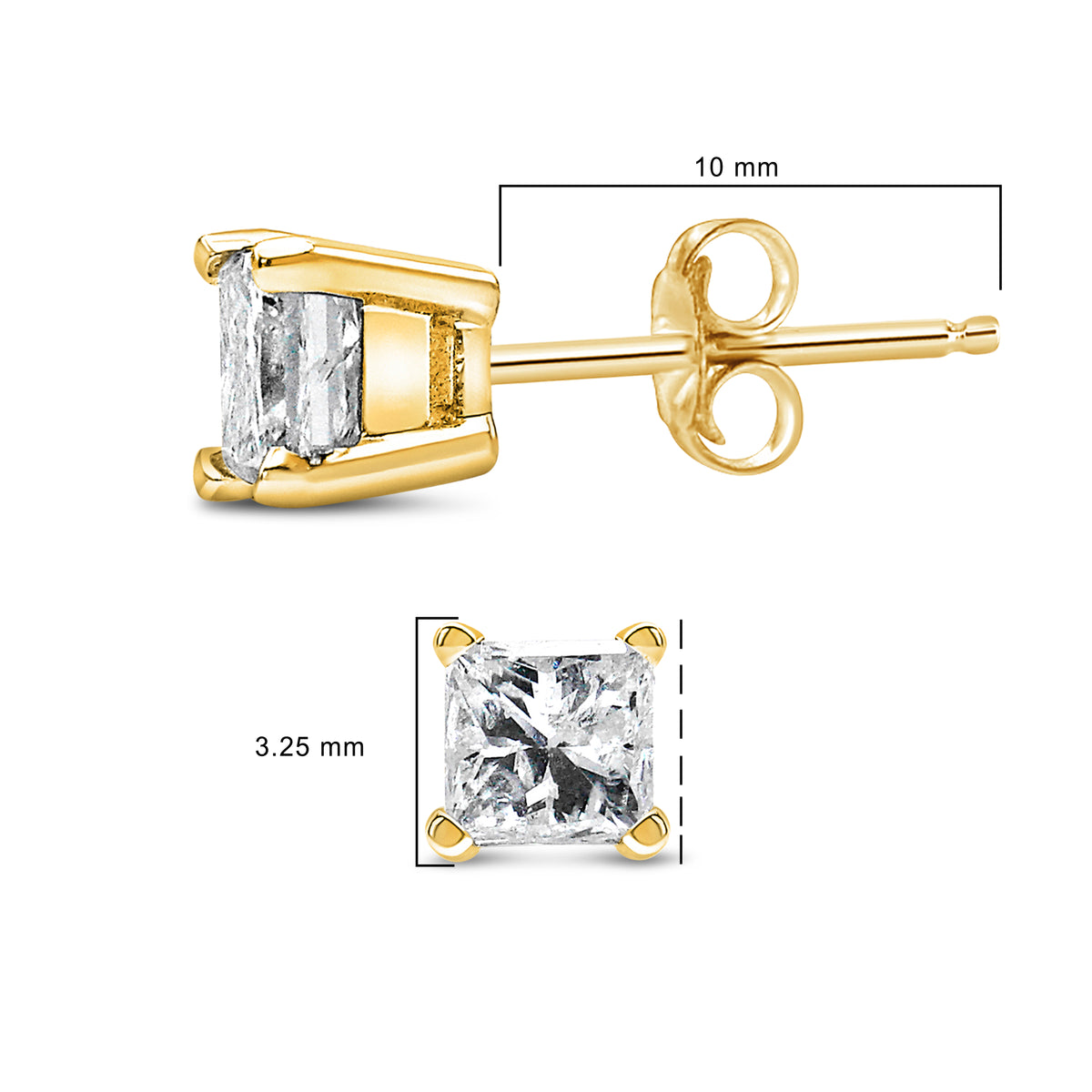 IGI Certified 3/8 Cttw Princess-Cut Square Diamond 4-Prong Solitaire Stud Earrings in 14K Yellow Gold (L-M Color, I1-I2 Clarity)