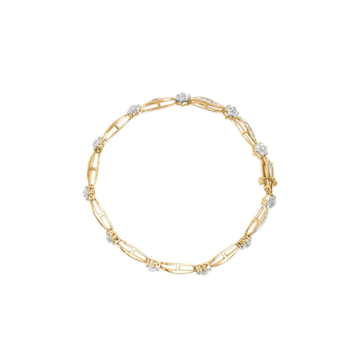 10K Yellow Gold 2.00 Cttw Round-Cut and Baguette-Cut Floral Design Swirl Link 7.5&quot; Bracelet (H-I Color, I2-I3 Clarity)