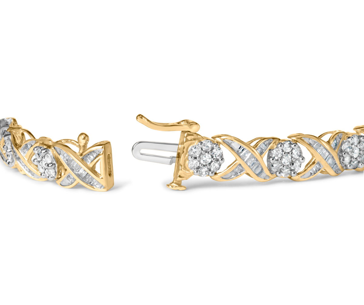 10K Yellow Gold 3.00 Cttw Round-Cut and Baguette-Cut Diamond &#39;XOXO&#39; Floral Design 7.50&quot; Bracelet (J-K Color, I1-I2 Clarity)