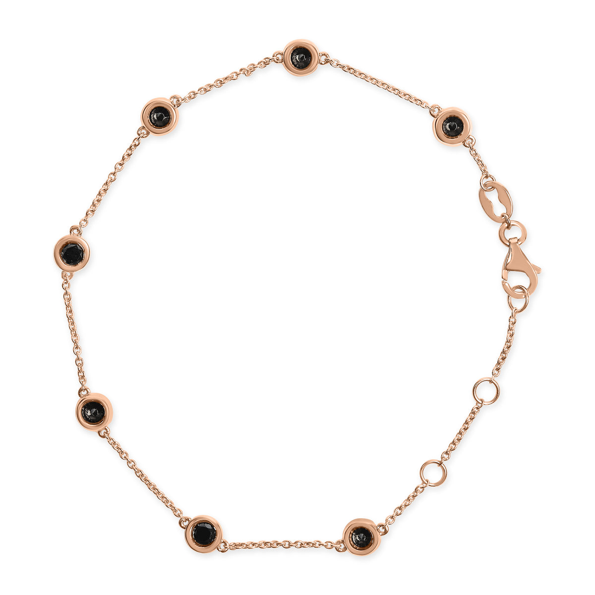 14K Rose Gold 1.00 Cttw Bezel Set Black Diamond 7 Station Link Bracelet (Black Color, I2-I3 Clarity) - 7.5&quot; Inches