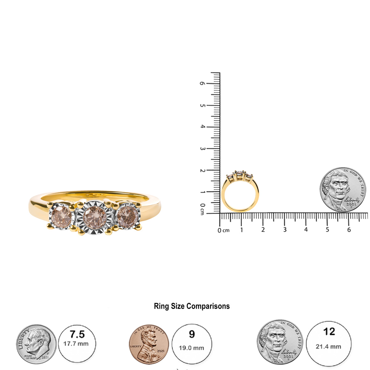 10K Yellow Gold 1/2 Cttw Miracle Set Round Diamond Three Stone Illusion Plate Ring (I-J Color, I2-I3 Clarity) - Size 7