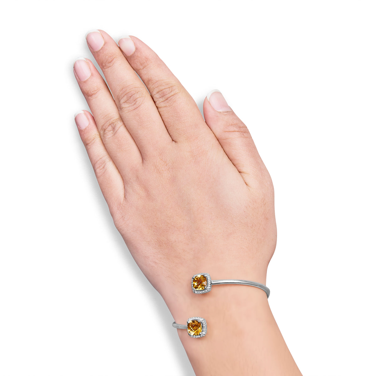 .925 Sterling Silver 8mm Cushion Cut Yellow Citrine Gemstone and Diamond Accent Split Bypass Bangle Bracelet (H-I Color, SI1-SI2 Clarity)  - Fits up to 7.75&quot; Inches