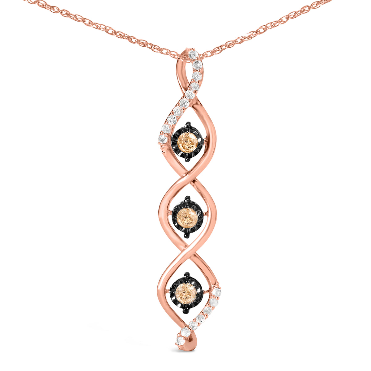 10K Two Toned Gold Plated .925 Sterling Silver 1/2 Cttw Round Diamond Twisted 18&quot; Pendant Necklace (Champagne Color, I2-I3 Clarity)