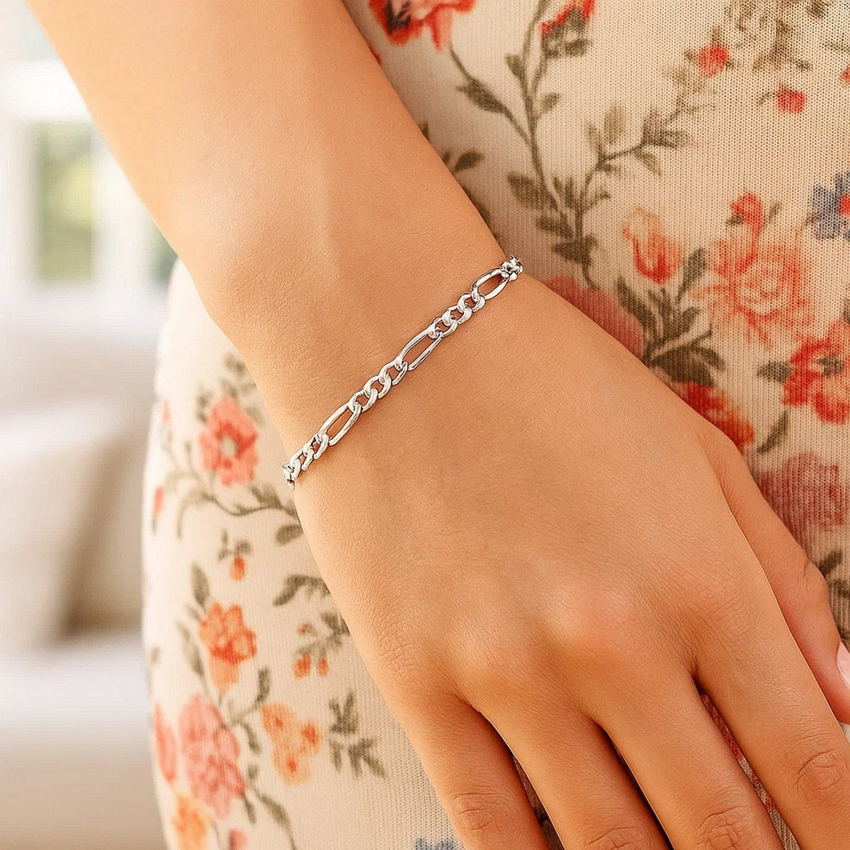2.6mm 14k White Gold Solid Figaro Bracelet - LinkagejewelrydesignLinkagejewelrydesign