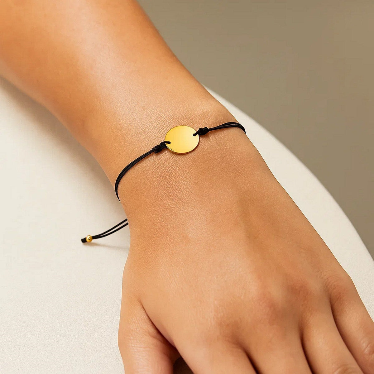 9 1/4 inch Black Cord Adjustable Bracelet with 14k Yellow Gold Circle - LinkagejewelrydesignLinkagejewelrydesign