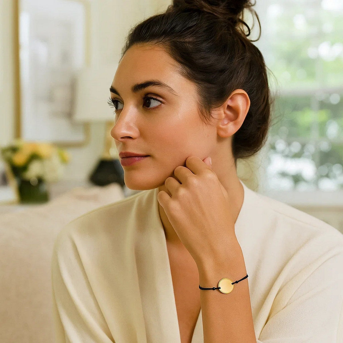 9 1/4 inch Black Cord Adjustable Bracelet with 14k Yellow Gold Circle - LinkagejewelrydesignLinkagejewelrydesign