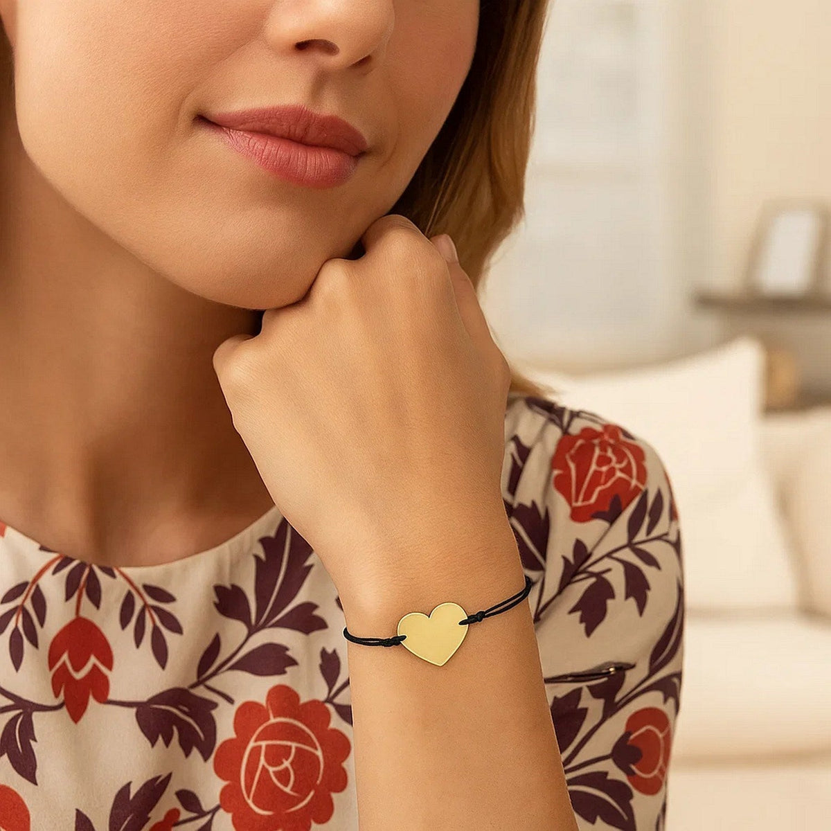 9 1/4 inch Black Cord Adjustable Bracelet with 14k yellow Gold Heart - LinkagejewelrydesignLinkagejewelrydesign