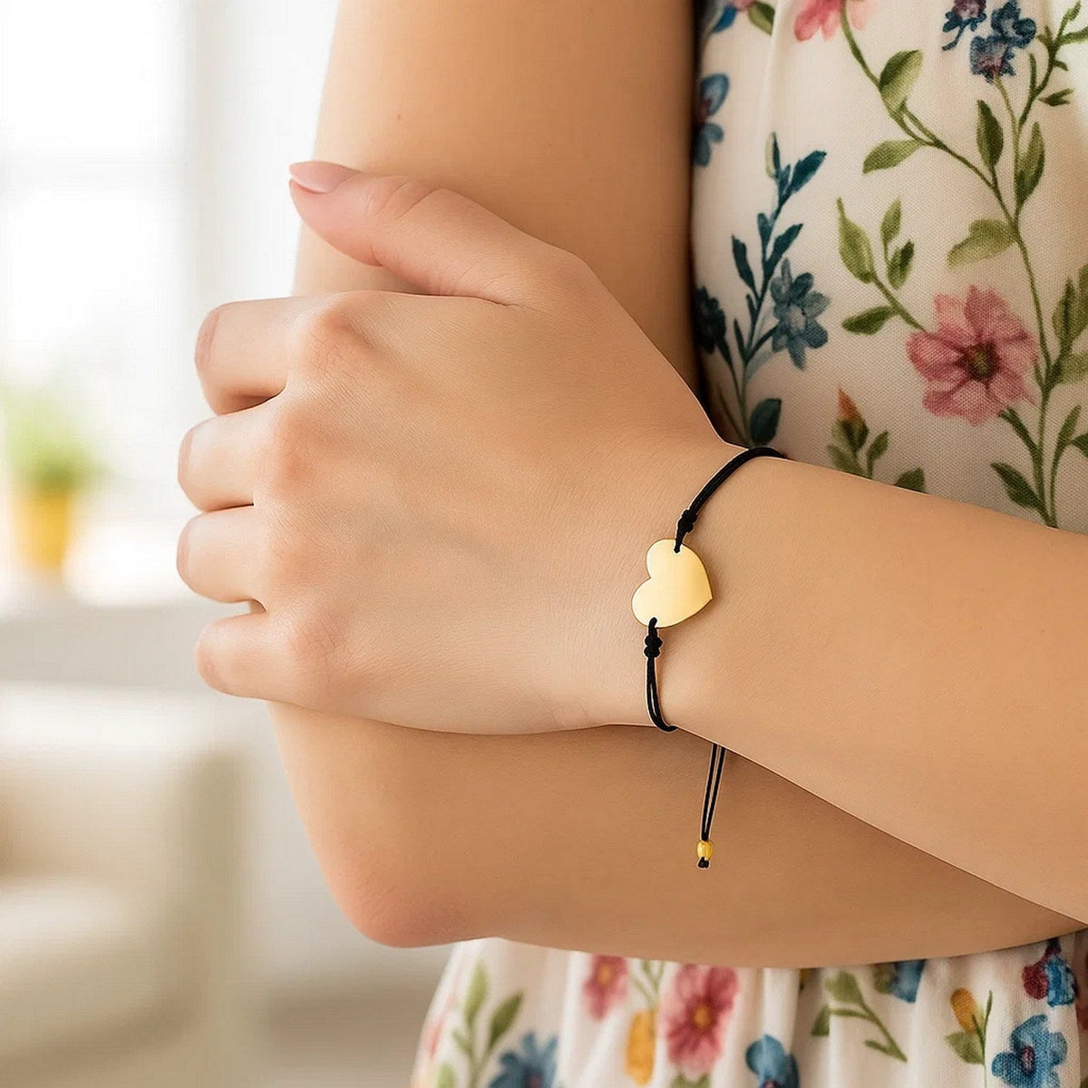 9 1/4 inch Black Cord Adjustable Bracelet with 14k yellow Gold Heart - LinkagejewelrydesignLinkagejewelrydesign