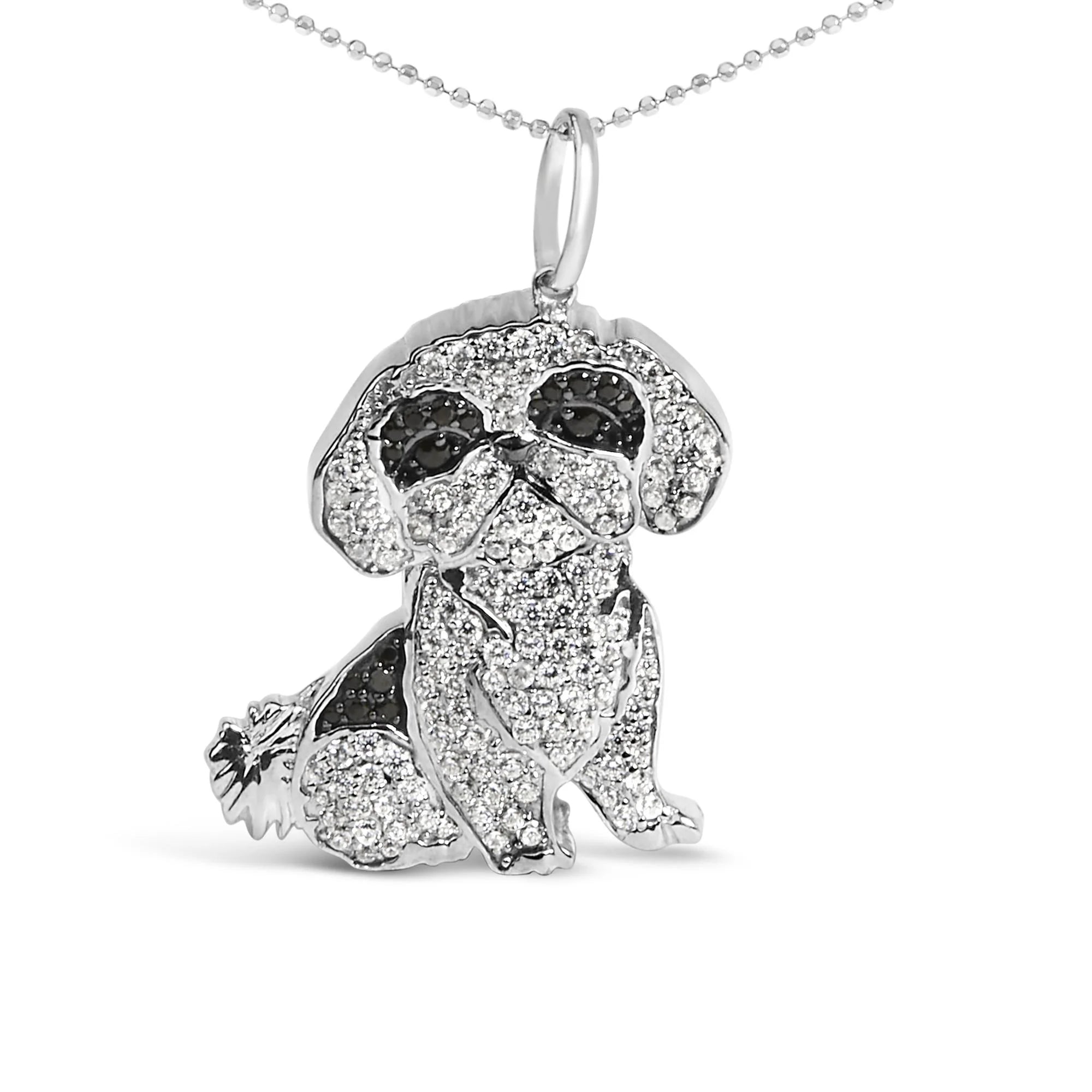 .925 Sterling Silver 1 1/4 Cttw Diamond Shih Tzu Dog Pendant Necklace 18 inch (Black and I - J Color, I2 - I3 Clarity) - LinkagejewelrydesignLinkagejewelrydesign