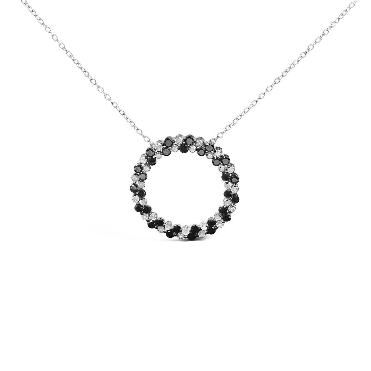 .925 Sterling Silver 1 3/5 Cttw Alternating Treated Black and White Diamond Double Row Open Circle Pendant Necklace (H - I Color, I3 Clarity) - 18&quot; - LinkagejewelrydesignLinkagejewelrydesign