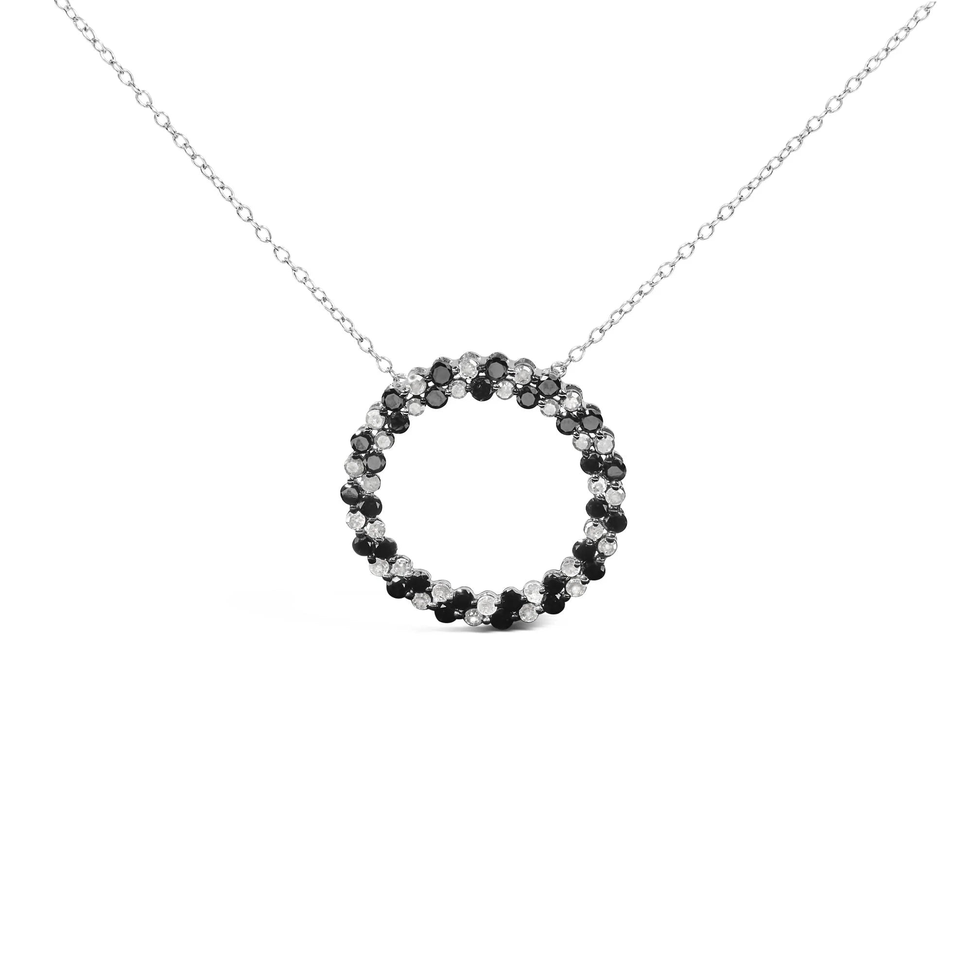 .925 Sterling Silver 1 3/5 Cttw Alternating Treated Black and White Diamond Double Row Open Circle Pendant Necklace (H - I Color, I3 Clarity) - 18" - LinkagejewelrydesignLinkagejewelrydesign
