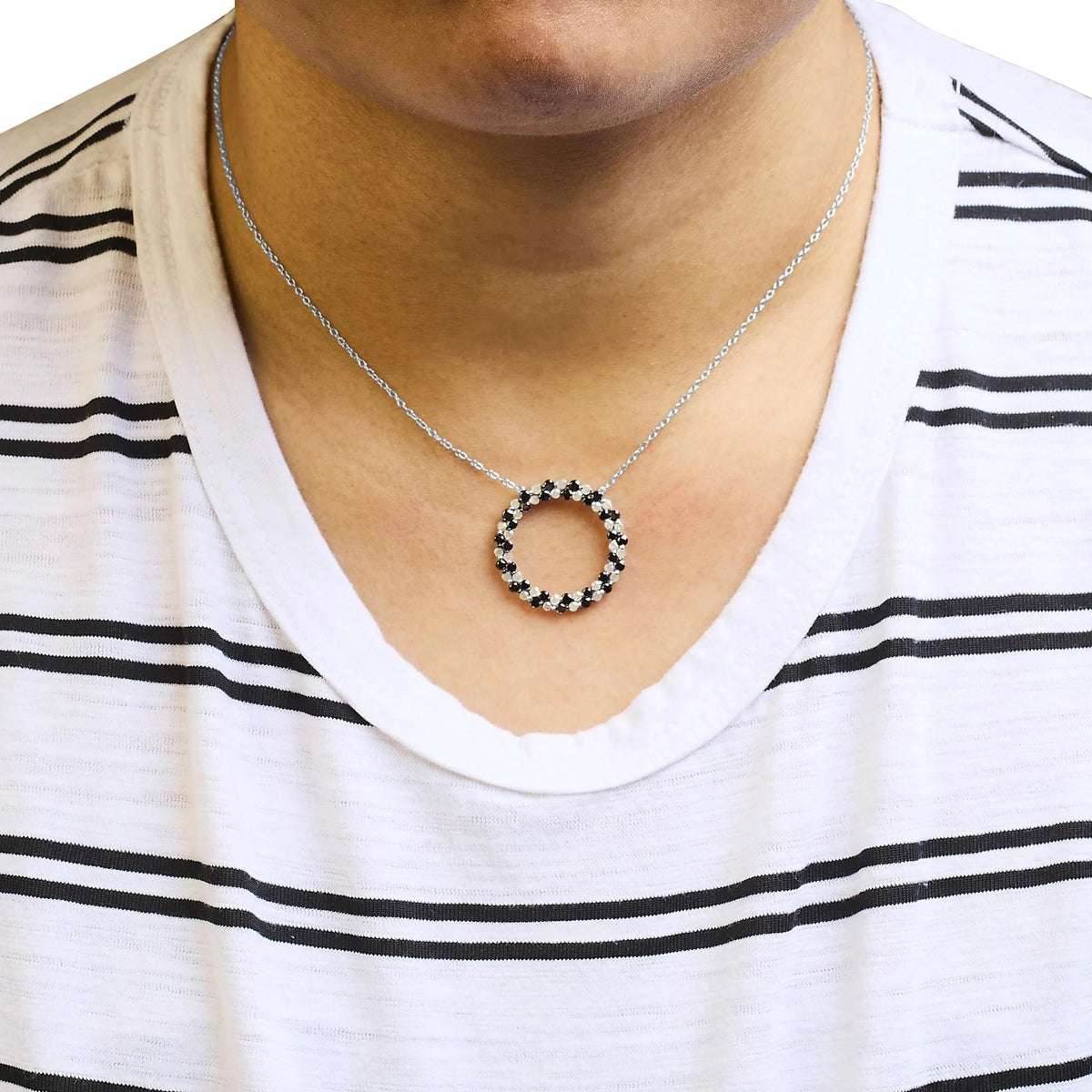 .925 Sterling Silver 1 3/5 Cttw Alternating Treated Black and White Diamond Double Row Open Circle Pendant Necklace (H - I Color, I3 Clarity) - 18&quot; - LinkagejewelrydesignLinkagejewelrydesign