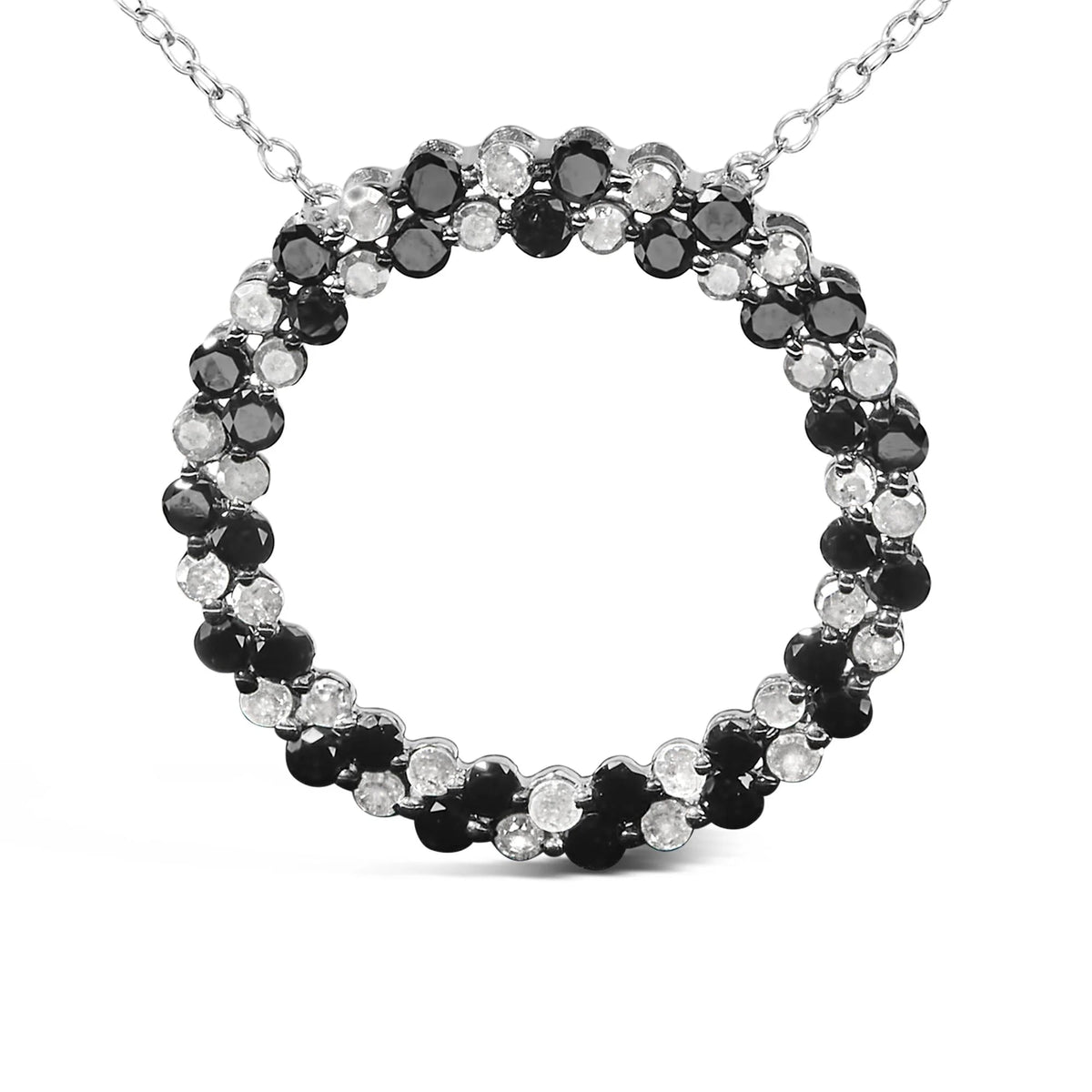.925 Sterling Silver 1 3/5 Cttw Alternating Treated Black and White Diamond Double Row Open Circle Pendant Necklace (H - I Color, I3 Clarity) - 18&quot; - LinkagejewelrydesignLinkagejewelrydesign