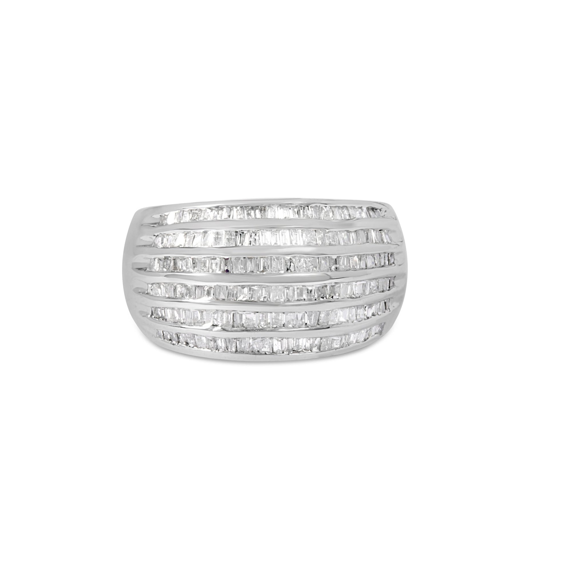 .925 Sterling Silver 1.0 Cttw Baguette - Cut Diamond 6 - Row Channel Set Domed Tapered Cocktail Fashion Ring (H - I Color, I2 - I3 Clarity) - LinkagejewelrydesignLinkagejewelrydesign