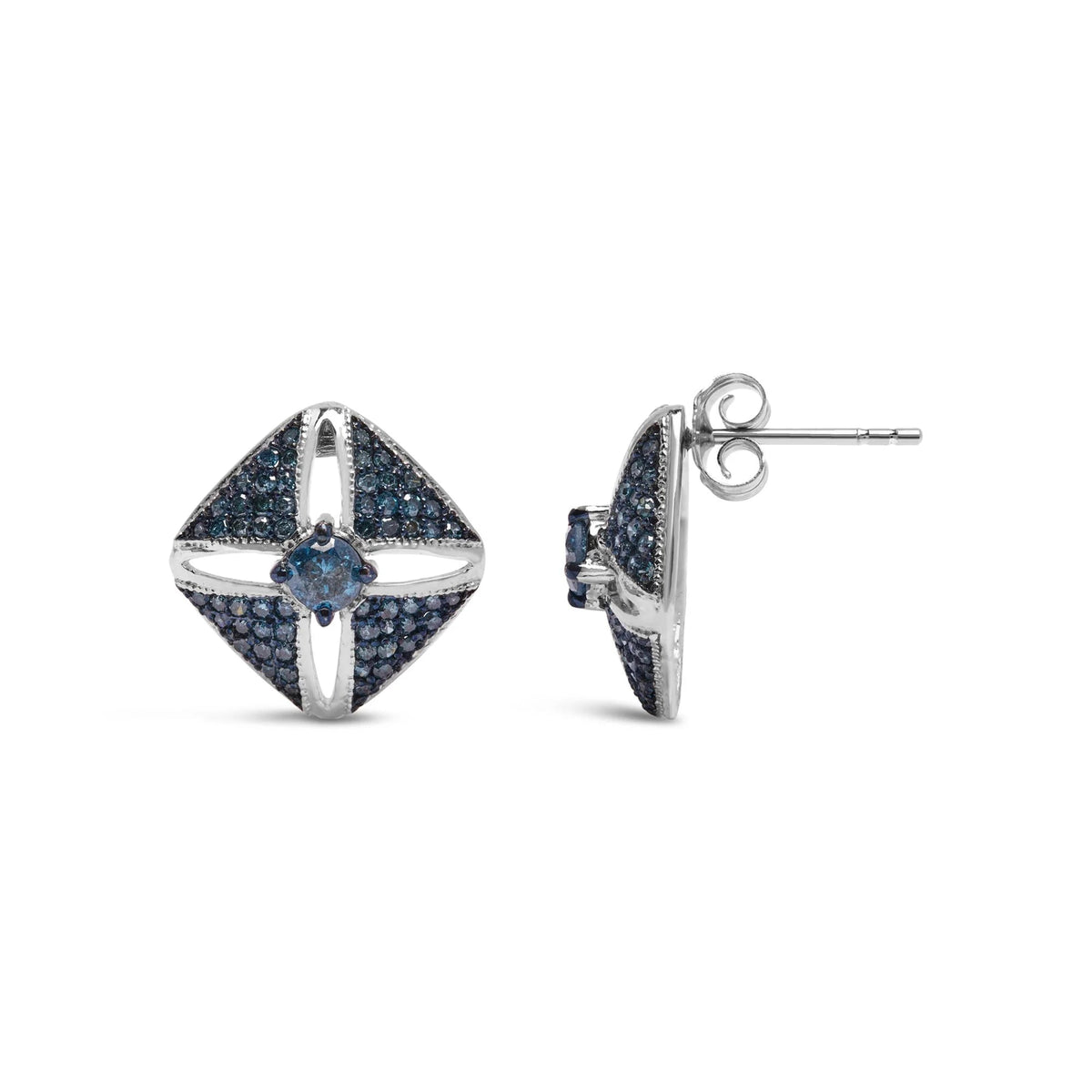 .925 Sterling Silver 1.0 Cttw Blue Diamond Studded Rhombus Stud Earring (Blue Color, I2 - I3 Clarity) - LinkagejewelrydesignLinkagejewelrydesign