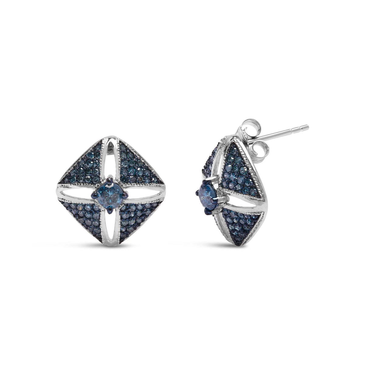 .925 Sterling Silver 1.0 Cttw Blue Diamond Studded Rhombus Stud Earring (Blue Color, I2 - I3 Clarity) - LinkagejewelrydesignLinkagejewelrydesign