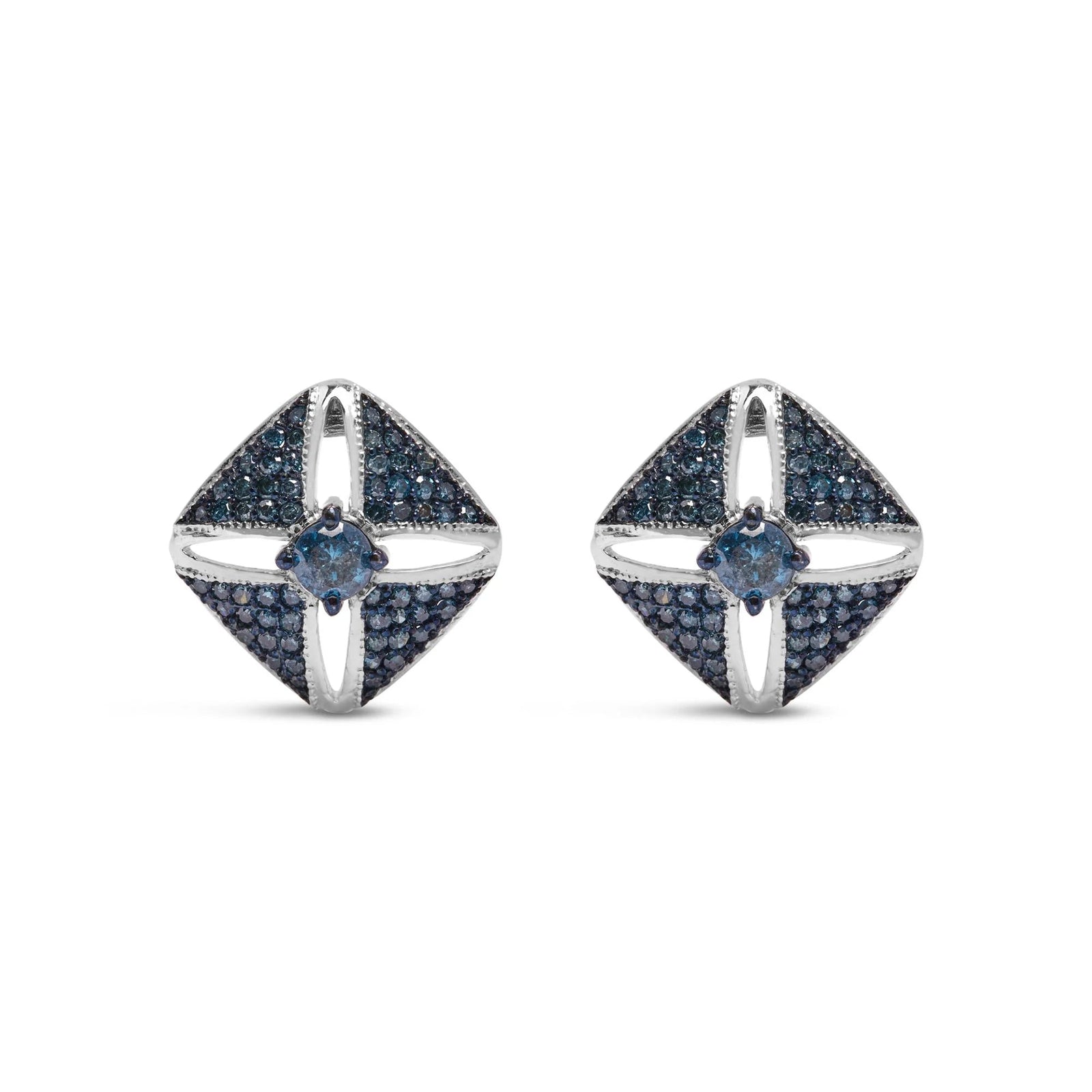 .925 Sterling Silver 1.0 Cttw Blue Diamond Studded Rhombus Stud Earring (Blue Color, I2 - I3 Clarity) - LinkagejewelrydesignLinkagejewelrydesign
