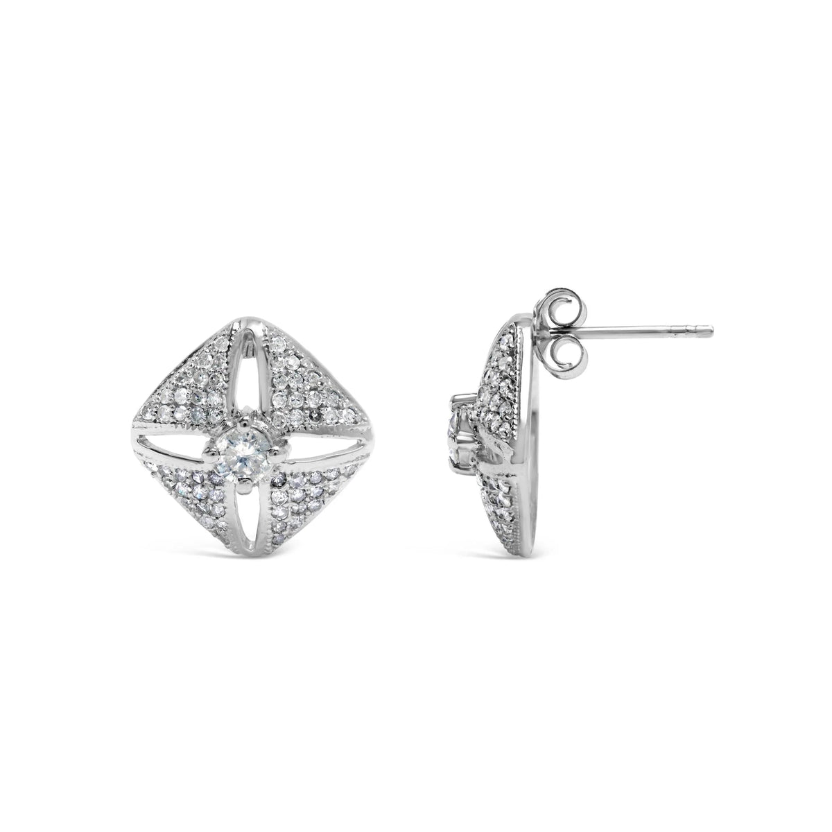 .925 Sterling Silver 1.0 Cttw Diamond Studded Rhombus Stud Earring (H - I Color, I2 - I3 Clarity) - LinkagejewelrydesignLinkagejewelrydesign