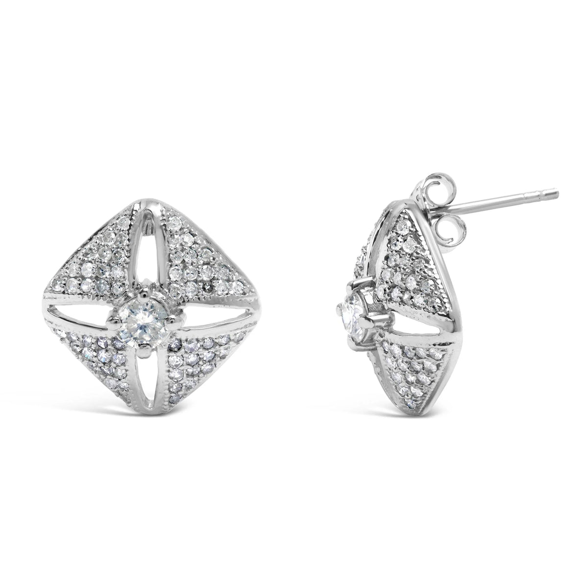 .925 Sterling Silver 1.0 Cttw Diamond Studded Rhombus Stud Earring (H - I Color, I2 - I3 Clarity) - LinkagejewelrydesignLinkagejewelrydesign