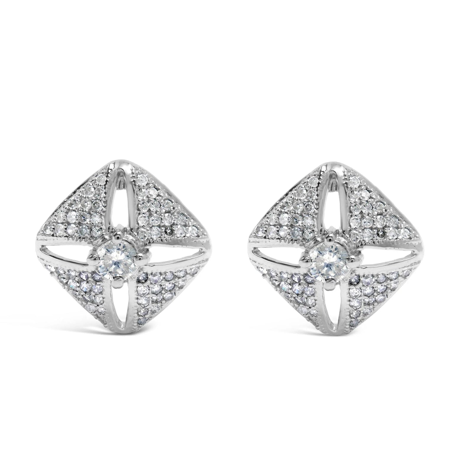 .925 Sterling Silver 1.0 Cttw Diamond Studded Rhombus Stud Earring (H - I Color, I2 - I3 Clarity) - LinkagejewelrydesignLinkagejewelrydesign
