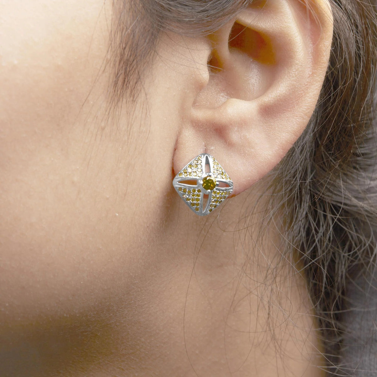 .925 Sterling Silver 1.0 Cttw Yellow Diamond Studded Rhombus Stud Earring (Yellow Color, I2 - I3 Clarity) - LinkagejewelrydesignLinkagejewelrydesign