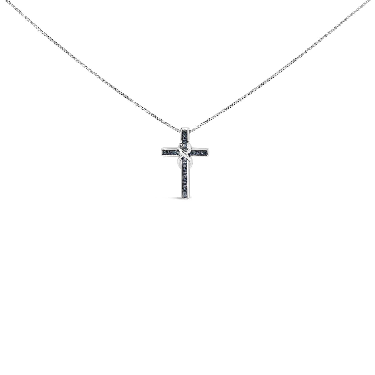 .925 Sterling Silver 1/10 Cttw Blue Diamond Inlaid Cross with Ribbon Pendant Necklace (Blue Color, I2 - I3 Clarity) - 18&quot; - LinkagejewelrydesignLinkagejewelrydesign
