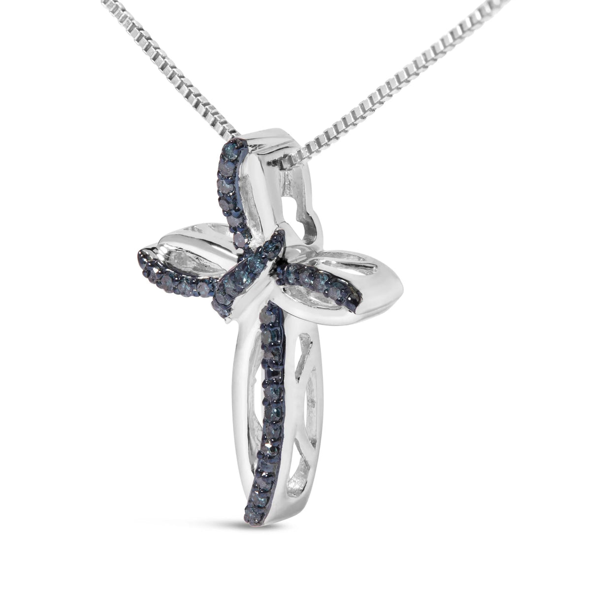 .925 Sterling Silver 1/10 Cttw Blue Diamond Swirl Ribbon and Cross Pendant Necklace (Blue Color, I3 Clarity) - LinkagejewelrydesignLinkagejewelrydesign
