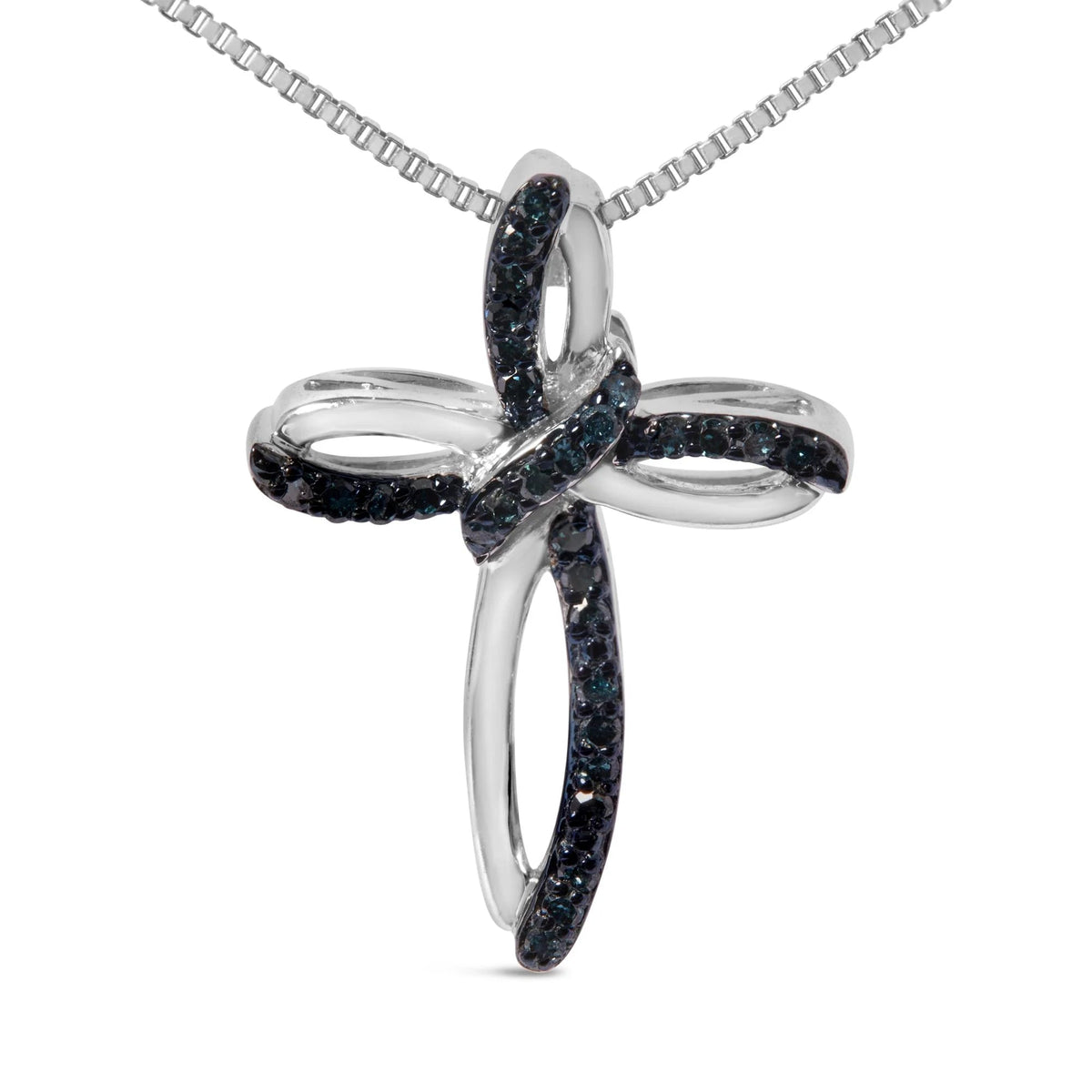 .925 Sterling Silver 1/10 Cttw Blue Diamond Swirl Ribbon and Cross Pendant Necklace (Blue Color, I3 Clarity) - LinkagejewelrydesignLinkagejewelrydesign