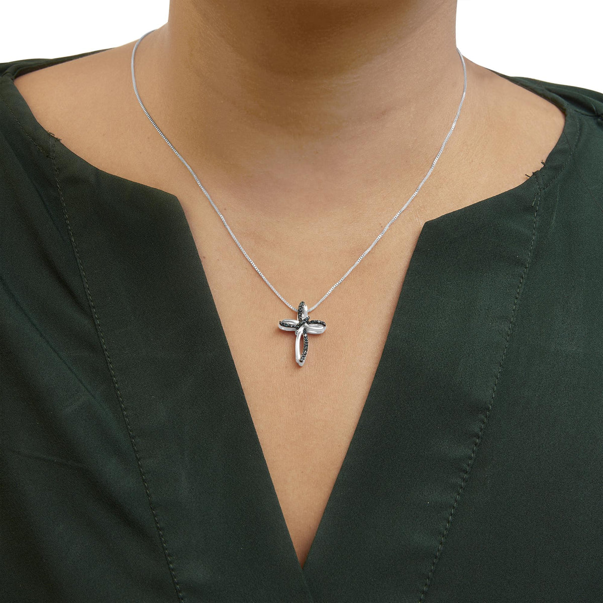 .925 Sterling Silver 1/10 Cttw Blue Diamond Swirl Ribbon and Cross Pendant Necklace (Blue Color, I3 Clarity) - LinkagejewelrydesignLinkagejewelrydesign