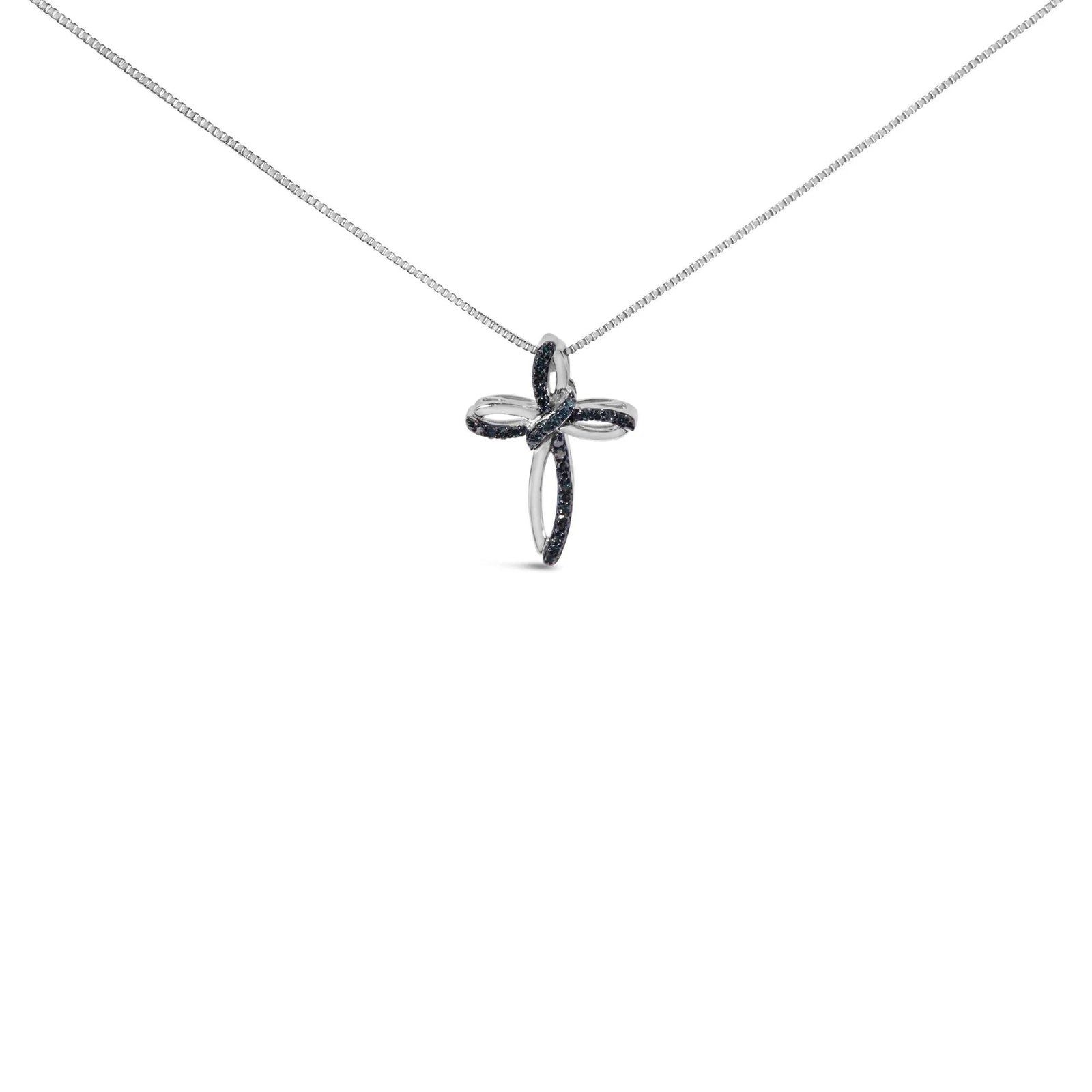 .925 Sterling Silver 1/10 Cttw Blue Diamond Swirl Ribbon and Cross Pendant Necklace (Blue Color, I3 Clarity) - LinkagejewelrydesignLinkagejewelrydesign