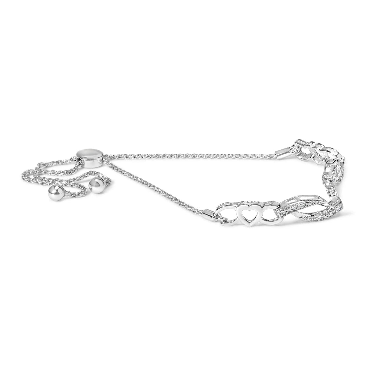 .925 Sterling Silver 1/10 Cttw Diamond Heart Link Adjustable Bolo Bracelet (I - J Color, I2 - I3 Clarity) - 4 to 10 Inches - LinkagejewelrydesignLinkagejewelrydesign