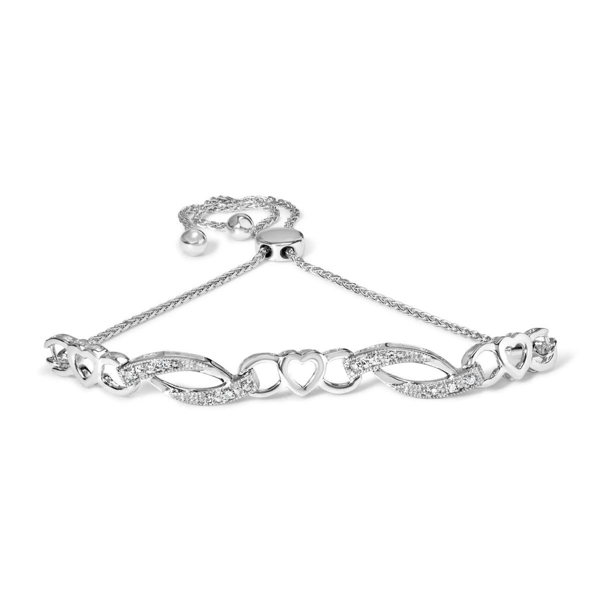 .925 Sterling Silver 1/10 Cttw Diamond Heart Link Adjustable Bolo Bracelet (I - J Color, I2 - I3 Clarity) - 4 to 10 Inches - LinkagejewelrydesignLinkagejewelrydesign