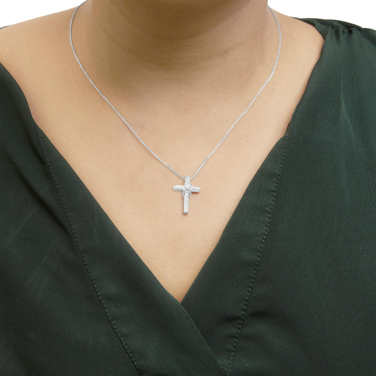 .925 Sterling Silver 1/10 Cttw Diamond Inlaid Cross with Ribbon Pendant Necklace (I - J Color, I2 - I3 Clarity) - 18&quot; - LinkagejewelrydesignLinkagejewelrydesign