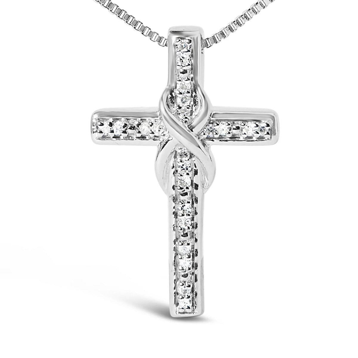 .925 Sterling Silver 1/10 Cttw Diamond Inlaid Cross with Ribbon Pendant Necklace (I - J Color, I2 - I3 Clarity) - 18&quot; - LinkagejewelrydesignLinkagejewelrydesign