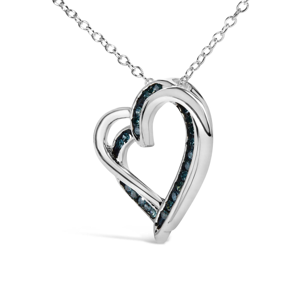 925 Sterling Silver 1/10 Cttw Treated Blue Diamond Double Heart 18" Pendant Necklace (Blue Color, I2 - I3 Clarity) - LinkagejewelrydesignLinkagejewelrydesign