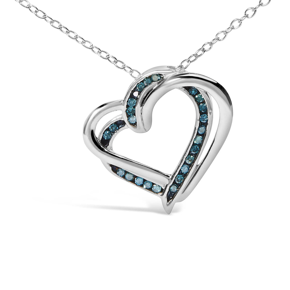 925 Sterling Silver 1/10 Cttw Treated Blue Diamond Double Heart 18" Pendant Necklace (Blue Color, I2 - I3 Clarity) - LinkagejewelrydesignLinkagejewelrydesign