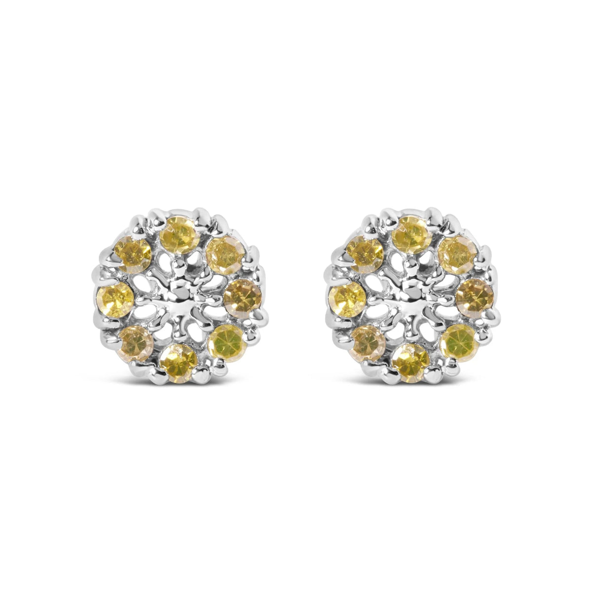925 Sterling Silver 1/10 Cttw Yellow Diamond Floral Cluster Stud Earrings (Yellow Color, I3 Clarity) - LinkagejewelrydesignLinkagejewelrydesign