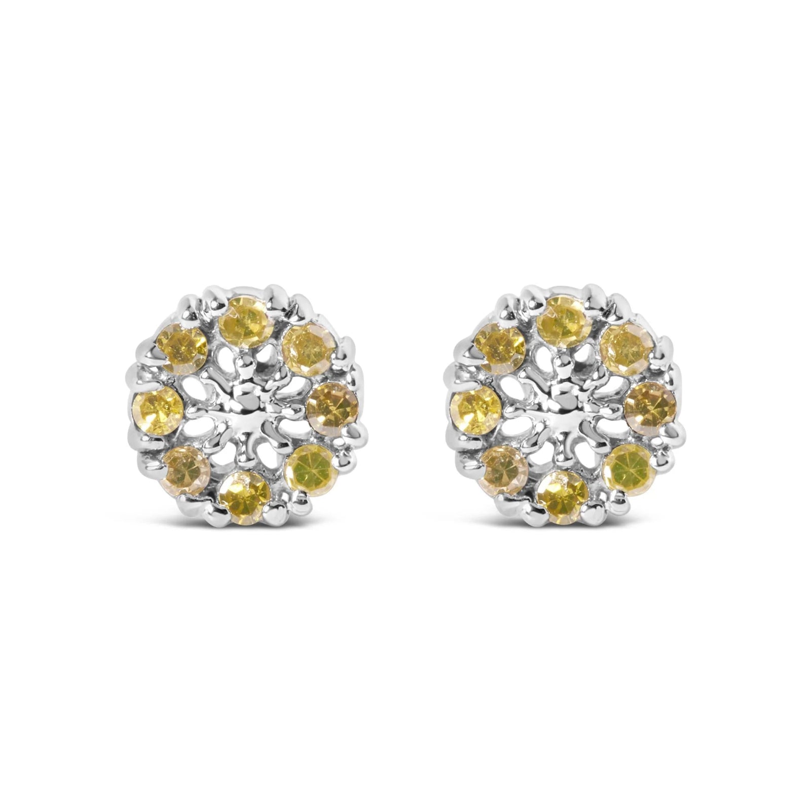 925 Sterling Silver 1/10 Cttw Yellow Diamond Floral Cluster Stud Earrings (Yellow Color, I3 Clarity) - LinkagejewelrydesignLinkagejewelrydesign